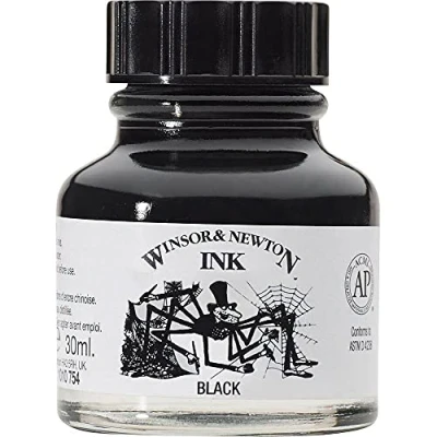 Abbildung von Winsor &amp; Newton 1010030 Drawing Inks Zeichentusche für Kalligraphen, Illustratoren, Grafikern, Künstler wasserbeständige Farben, herrvorragender Transparenz, 30ml Flasche Schwarz (Indisch)