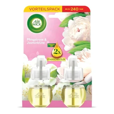 Abbildung von Air Wick Duftstecker Nachfüller Duo Duft: Pfingstrose und Jasminblüte Floral fruchtiger Raumduft für die Steckdose 2x 19ml Duftölflakon