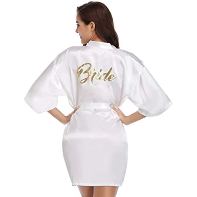 Abbildung von Vlazom Morgenmantel für Hochzeit Satin Kimono Badmantel Braut&amp;Brautjungfern V Ausschnitt Damen Robe mit Gürtel(S,Hellrosa Maid of Honor)