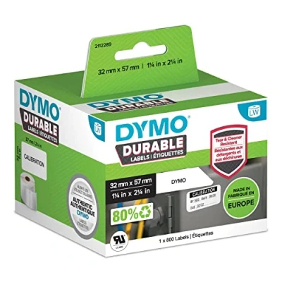 Abbildung von DYMO Original LabelWriter Hochleistungs Etiketten 57 mm x 32 weißes Kunststoff Etikett Rolle mit 800 für Beschriftungsgerät