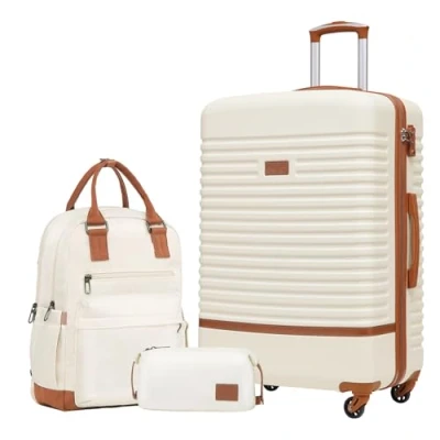 Abbildung von COOLIFE Koffer Trolley Reisekoffer von ABS Hartschalen 4 Rollen TSA Schloss Der Enthält 1 Reiserucksack und Kulturbeutel (Weiß/Braun, Großer Set 3tlg)