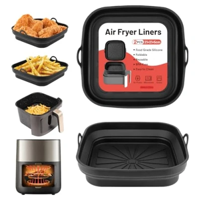 Abbildung von Alyvisun Silikonform für Heißluftfritteuse, 2 Stück Airfryer Silikon Backform Wiederverwendbar Silikoneinsatz Zubehör Quadratisch Silikonmatte Pot Liner Air Fryer, Mikrowelle, Ofen(Schwarz)