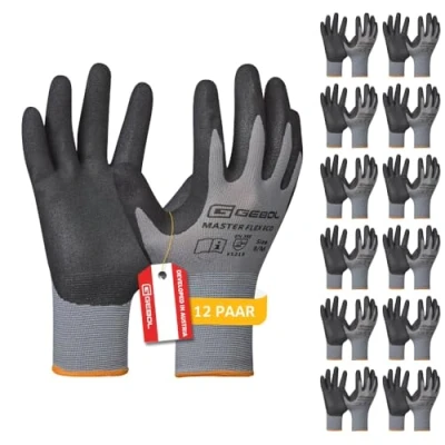 Abbildung von Gebol Master Flex Eco 12er Set Arbeitshandschuhe mit Nitril Beschichtung sicherer Griff Nitrilhandschuhe für Werkstatt &amp; Garten Damen und Herren Größe M (Gr 8) Grau 12 Paar Multipack