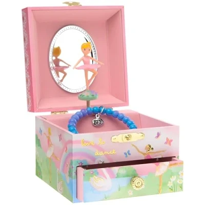 Abbildung von Jewelkeeper Schmuckkaestchen mit Spieluhr drehender Ballerina, Regenbogen und Goldfolien Design Schwanensee Melodie