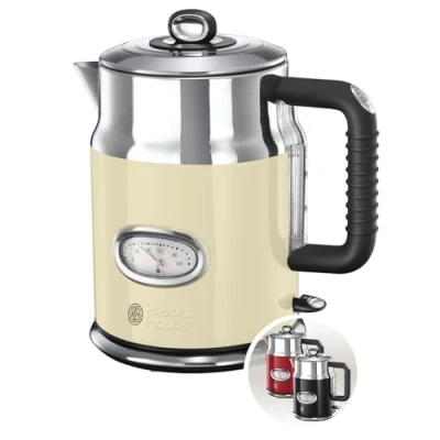 Abbildung von Russell Hobbs Wasserkocher [1,7l, 2400W] Retro Creme &amp; polierter Edelstahl (Schnellkochfunktion, Wassertemperaturanzeige im Retrodesign, außenliegende Wasserstandsanzeige) Vintage Teekocher 21672 70