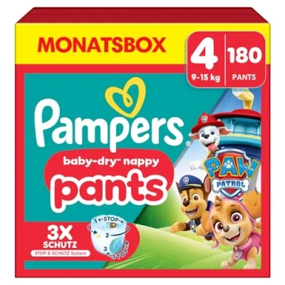 Abbildung von Pampers Windeln Paw Patrol Pants Größe 4 (9 15kg) Baby Dry, Maxi mit Stop und Schutz Täschchen, MONATSBOX, 180 Höschenwindeln