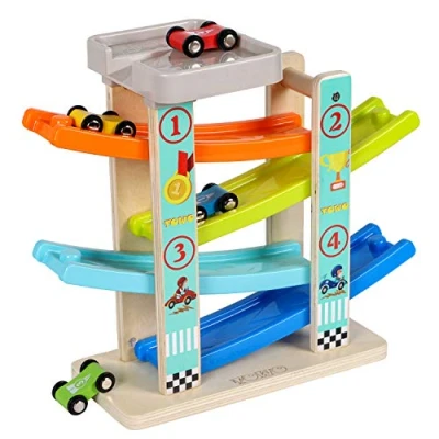 Abbildung von Toys of Wood Oxford TOWO Kugelbahn Parkgarage aus Holz mit 4 Autos &amp; Parkplatz auf dem Dach Auto Holzspielzeug für Kleinkinder Rennspielzeug Kinder Jungen Mädchen 1 2 3