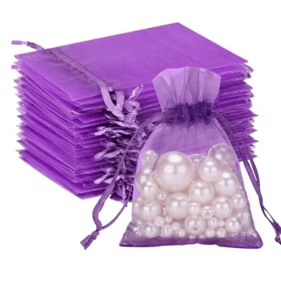 Abbildung von G2PLUS 100 Stück Lila Organzasäckchen, 7x9 CM Kleine Geschenk Organzabeutel, Hochzeit Organza Beutelchen mit Kordelzug Sie als Bonbonsbeutel, Schmuckbeutel, Geschenkbeutel