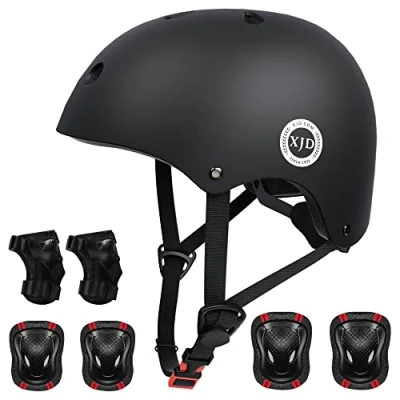 Abbildung von XJD Fahrradhelm Kinder Schoner Set(7er) Helm mit Knie &amp; Ellenbogen Handgelenkschützer Verstellbarer Schutz Jugend Skaterhelm für 3 13 Jahre Alt (Schwarz Set, S: 51 54 cm)