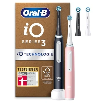 Abbildung von Oral B iO Series 3 PLUS Edition Doppelpack Elektrische Zahnbürste, Electric Toothbrush, 4 Aufsteckbürsten, Putzmodi für Zahnpflege,TESTSIEGER Stiftung Warentest (12,2024), Matt Black,Blush Pink