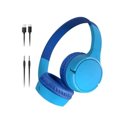 Abbildung von Belkin SoundForm Mini kabelloser Kinderkopfhörer mit integriertem Mikrofon und lustigen Aufklebern, 30 Std. Wiedergabe Over Ear Kopfhörer für Unterricht, Ferien, iPhone, iPad, Galaxy Blau