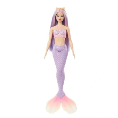 Abbildung von Barbie Meerjungfrau Puppe mit fantasievollem Haar in Pink und Flieder Haarband, Muscheloberteil lavendelblauer Schwanzflosse, HRR06