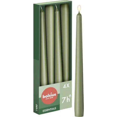 Abbildung von Bolsius Glatte Spitzkerzen Grün Set 4 Stück im Karton Dekorative Haushaltkerzen Brenndauer 7 Stunden Unparfümierte Natürliches Pflanzenwachts Ohne Palmöl 24,5 cm