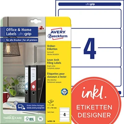 Abbildung von AVERY Zweckform L4761 10 Ordnerrücken Etiketten (40 Rückenschilder mit ultragrip, 61x192mm auf A4, breit/kurz, selbstklebend, absolut blickdicht, bedruckbare Ordneretiketten) Blatt, weiß