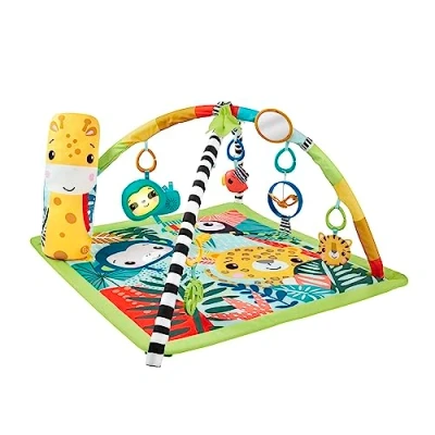 Abbildung von Fisher Price 3 in 1 Rainforest Spieldecke für Babys, Spielmatte und sensorische Spielzeuge das Spielen der Bauchlage, Regenwalddesign, ab Geburt, HJW08