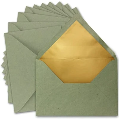 Abbildung von 100x DIN C5 Kuverts 15,6 x 22 cm aus Kraft Papier in Grün mit goldenem Seidenfutter Nassklebung Blanko Brief Umschläge Recycling Serie UmWelt