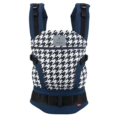 Abbildung von manduca FIRST Babytrage &gt; &lt; Baby und Kindertrage aus weichem Canvas (Bio Baumwolle) mit Rückenverlängerung &amp; ergonomischen Hüftgurt für Kinder von 3,5 bis 20kg (Pepita Navy)