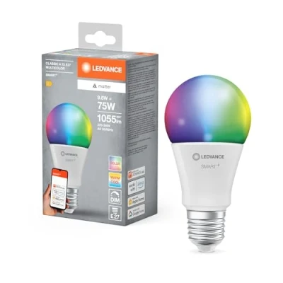 Abbildung von LEDVANCE SMART+ MATTER LED Lampe, kompatibel mit Google, Alexa, Apple, weiße Frost Optik, 9,5W, 1055lm, E27, Farblicht, Weißlicht, App oder Sprachsteuerung, bis zu 20.000 Std.Lebensdauer, single pack
