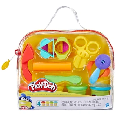 Abbildung von Play Doh Starter Set, mit 4 Dosen zu je 56 Gramm und 9 Accessoires zum Schneiden Formen, dazu Tasche Aufbewahren, für Kinder im Vorschulalter,
