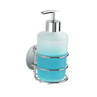Abbildung von WENKO Turbo Loc® Seifenspender, Befestigung ohne Bohren, nachfüllbarer Pumpspender aus weiß satiniertem Kunststoff &amp; chromfarbenem Pumpknopf, hochwertige Chrom Halterung, 285 ml, 7,5 x 16,5 9 cm