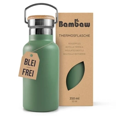 Abbildung von Bambaw Wasserflasche Isoliert 350 ml, Thermosflasche Grün, Edelstahl Trinkflasche Kinder, Büro, Kinder Ohne Plastik Salbeigrün