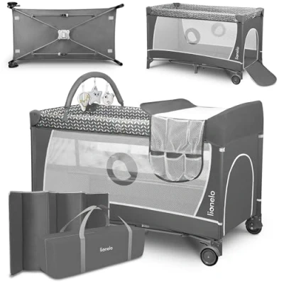 Abbildung von Lionelo Flower 4in1 Reisebett Baby, Laufstall Baby mit Seiteneingang, Wickeltisch, Zwei Matratzenaufhängungshöhen, Spielzeugbogen Spielfiguren, Rollen, Tragetasche