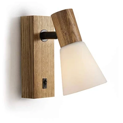Abbildung von ouglres Holz Wandleuchte Mit Schalter,Vintage Innen Wandlampe,Weiß Glas Lampenschirm Drehbar,Industrial Design Bettlampe Wandleuchten für Schlafzimmer Nachttisch Wohnzimmer,Treppen, Korridor,E14