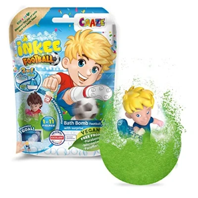 Abbildung von INKEE SURPRISE FOOTBALL Badekugel mit Überraschung, Kinder badebombe Saugnapf Fussball Spielerfigur, Pop Corn Duft, dermatologisch getestet, 1 Stück (1er Pack)