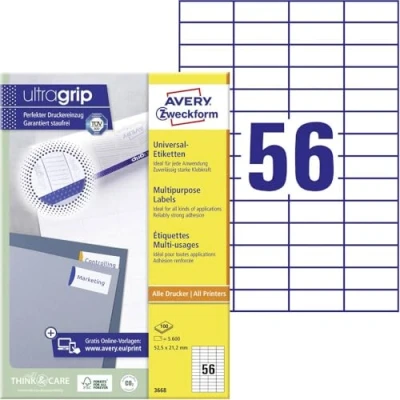 Abbildung von AVERY Zweckform 3668 Universal Etiketten (5.600 Klebeetiketten, 52,5x21,2mm auf A4, Papier matt, individuell bedruckbar, selbstklebende Aufkleber mit ultragrip) 100 Blatt, weiß