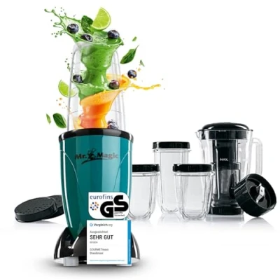 Abbildung von GOURMETmaxx Mr. Magic Mixer Smoothie Maker mit XXL Zubehörpaket Standmixer 18 tlg. Blender auslaufsicheren Frischhaltedeckeln Food Processor für Shakes, Smoothies etc.