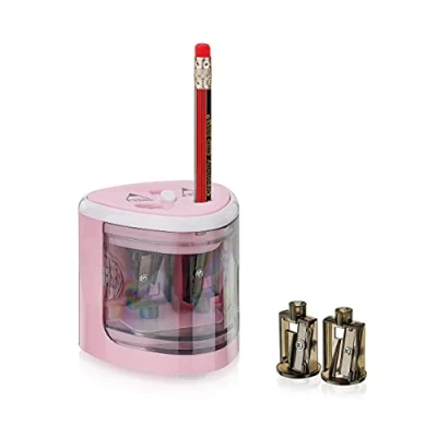 Abbildung von Peach PO102 elektrischer universal Anspitzer inkl. Ersatzteile für alle Bleistifte, Buntstifte, Eyeliner und Wachsmalstifte Doppelspitzer Stifte von 6 8 mm 9 12 pink, Rosa