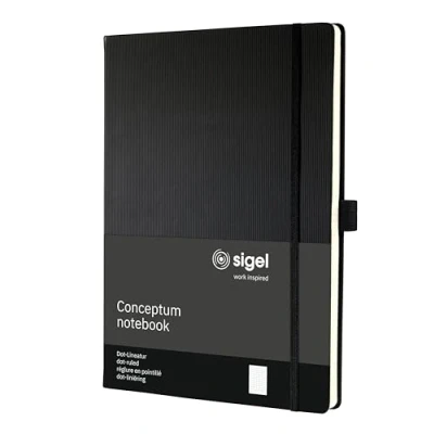 Abbildung von SIGEL CO108 Premium Notizbuch dotted, A4, Hardcover, schwarz, aus nachhaltigem Papier Conceptum mit Seitenzahlen, Inhaltsverzeichnis, Stiftschlaufe, Falttasche