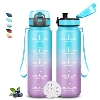 Abbildung von Grsta Trinkflasche 1l Sport, Auslaufsicher, mit Zeitmarkierung und Uhrzeit, Erwachsene für Fitness, Schule, Outdoor