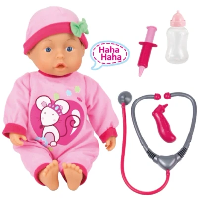 Abbildung von Bayer Design 93378AA Doktorpuppe, mit Babylauten, sprechend, Fläschchen, Arzt Spiel Set, Rollenspiele, 33cm, Rosa Mausmotiv