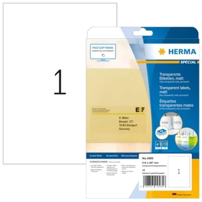 Abbildung von HERMA 4585 Wetterfeste Folienetiketten transparent, 10 Blatt, 210 x 297 mm, 1 pro A4 Bogen, Stück, selbstklebend, bedruckbar, matt, blanko Klebeetiketten Aufkleber aus Folie, durchsichtig