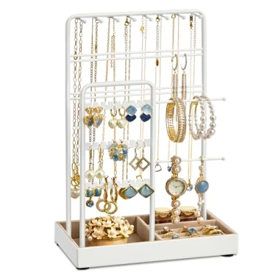 Abbildung von SONGMICS Schmuckständer, Schmuckhalter, Metallrahmen, Schmucktablett Samt, Schmuckaufbewahrung für Halsketten Armbänder Ohrringe Ohrstecker Ringe, Geschenkidee, Weihnachten, weiß JJS021W01