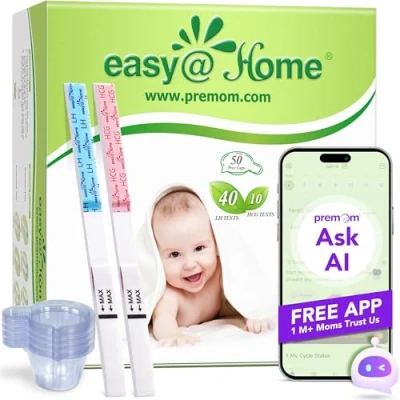 Abbildung von Easy@Home 40 Ovulationstests + 10 Schwangerschaftstests 50 Tassen, Empfindlich Fruchtbarkeitstest für Frauen Kinderwunsch 25 mIU/ml, Zuverlässige Zyklus und Fruchtbarkeitsüberwachung