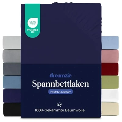 Abbildung von Dreamzie Premium Spannbettlaken 80x200 cm, Spannbetttuch für Dicke Matratzen bis zu 12 Bettlaken 100% Jersey Baumwolle, 150 g/m², Oeko TEX Zertifiziert Dunkelblau