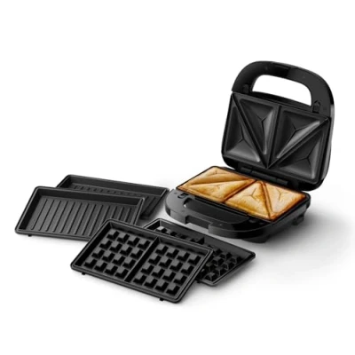 Abbildung von Philips Sandwichmaker 5000 Serie, 750 W, Panini, Waffeln, Sandwichplatten, Schwarz/Silber (HD2350/80)