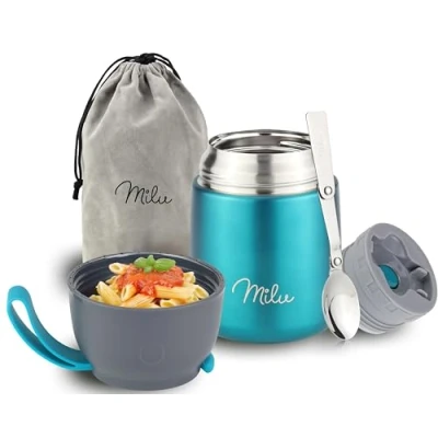 Abbildung von Milu® Thermobehälter 450, 650ml, 800ml Edelstahl Warmhaltebehälter Essensbehälter Speisegefäß Babynahrung Essen warmhalten Behälter Thermo Lunchbox Müsli to go Grün, 450ml