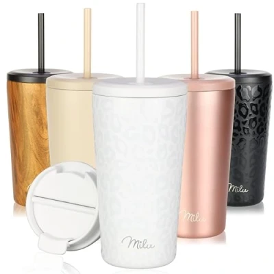 Abbildung von Milu Thermobecher 300ml, 400ml, 500ml 100% Auslaufsicher Edelstahl Kaffeebecher to go isoliert mit Strohhalm hält 10h heiß / 20h kalt, BPA frei (White Leopard, 500ml)