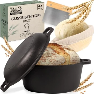 Abbildung von Chefarone Gusseisen inkl. Gärkorb und Teigschaber. Topf Brot Backen. Brotbackform Mit Deckel 4.6L. 2 in 1 Brottopf zum backen 26CM. Robuster Brotbacktopf. Rund. Brotbacken