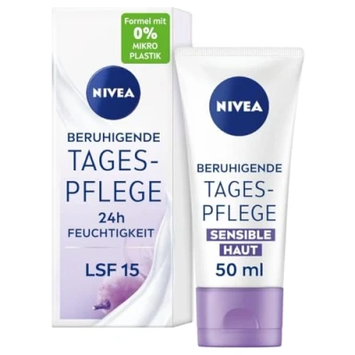 Abbildung von NIVEA Beruhigende Tagespflege 24h Feuchtigkeit LSF 15, parfumfreie Gesichtscreme für sensible Haut, zarte Tagescreme mit Traubenkernöl