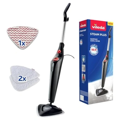 Abbildung von Vileda Steam Plus Dampfreiniger mit PowerPad, zusätzl. 2 Mikrofaser Ersatzpads, entfernt bis zu 99,9% der Bakterien und Viren, für alle Böden, ideal Teppiche, Eco Verpackung