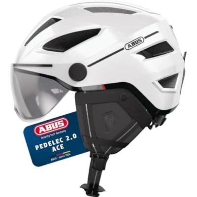 Abbildung von ABUS Stadthelm Pedelec 2.0 ACE Fahrradhelm mit Rücklicht, Visier, Regenhaube, Ohrenschutz für Damen und Herren Weiß Glänzend, Größe S