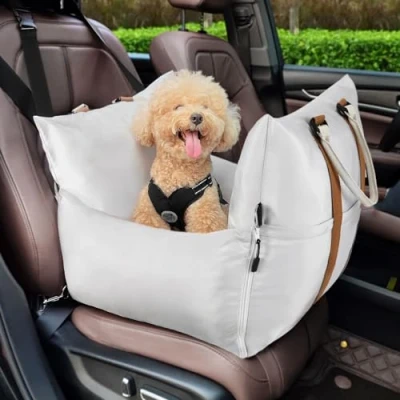 Abbildung von Pawaboo Hunde Autositz für Kleine Hunde, Wasserdicht Hundeautositz mit festen Schnallen und Sicherheitsleine, Verdickt Hundesitz Reisetasche Hund Auto Sitz Weicher Füllung, Bis zu 25lbs, Hellgrau