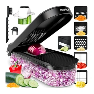 Abbildung von Gemüseschneider Mandoline Gemüsehobel Gemüse Schneider Gurkenhobel Zwiebelschneider Kartoffelschneider Obstschneider Reibe für und Käse Julienneschneider (6 in 1 Kompakt Schwarz)