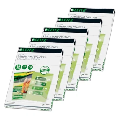 Abbildung von Leitz Heißlaminierfolien A4 80 mic, 5 Pack à 100 Stück, Hochwertige Laminierfolien mit abgerundeten Ecken, transparent, glänzend, für den Einsatz zu Hause oder im Büro, 74330000