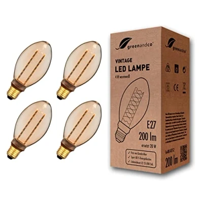 Abbildung von greenandco 4x Vintage Design LED Birne zur Stimmungsbeleuchtung E27 B75 gold 4W 200lm 1800K extra warmweiß 320 230V flimmerfrei nicht dimmbar Edison Glühbirne