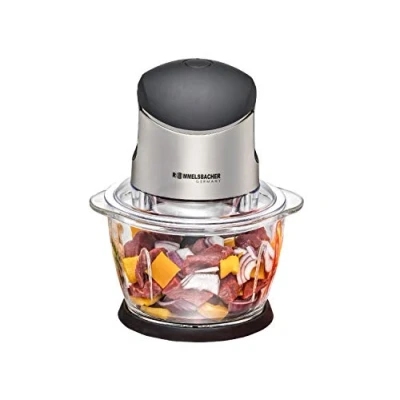 Abbildung von ROMMELSBACHER Multi Zerkleinerer MZ 400 kraftvoller Motor, 4 flügeliges Spezialmesser aus Edelstahl, 1 Liter Glasbehälter, schwarz/Chrom gebürstet, Watt